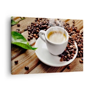 Impression sur toile - Image sur toile - Une tasse de café aromatique sur fond de grains et d'une feuille - 70x50cm - Café sur un banc - Décoration murale moderne pour le salon et la chambre ARTTOR