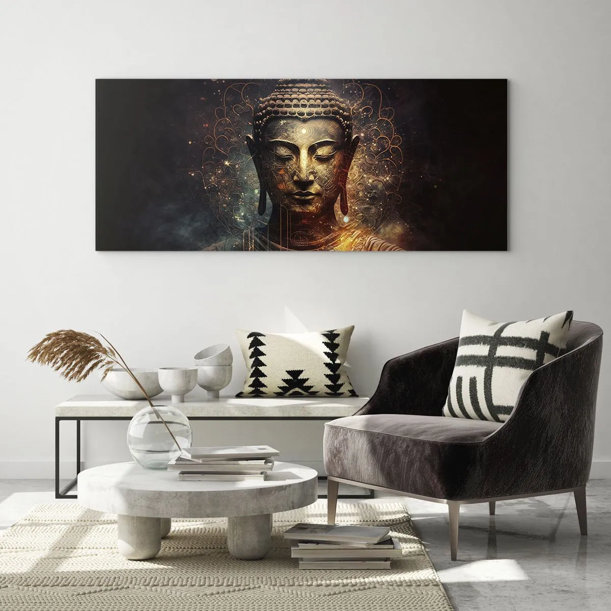 Impression sur verre - Image sur verre - Bouddha doré sur fond sombre avec ornements - 120x50cm - Équilibre spirituel - Décoration murale moderne pour le salon et la chambre ARTTOR