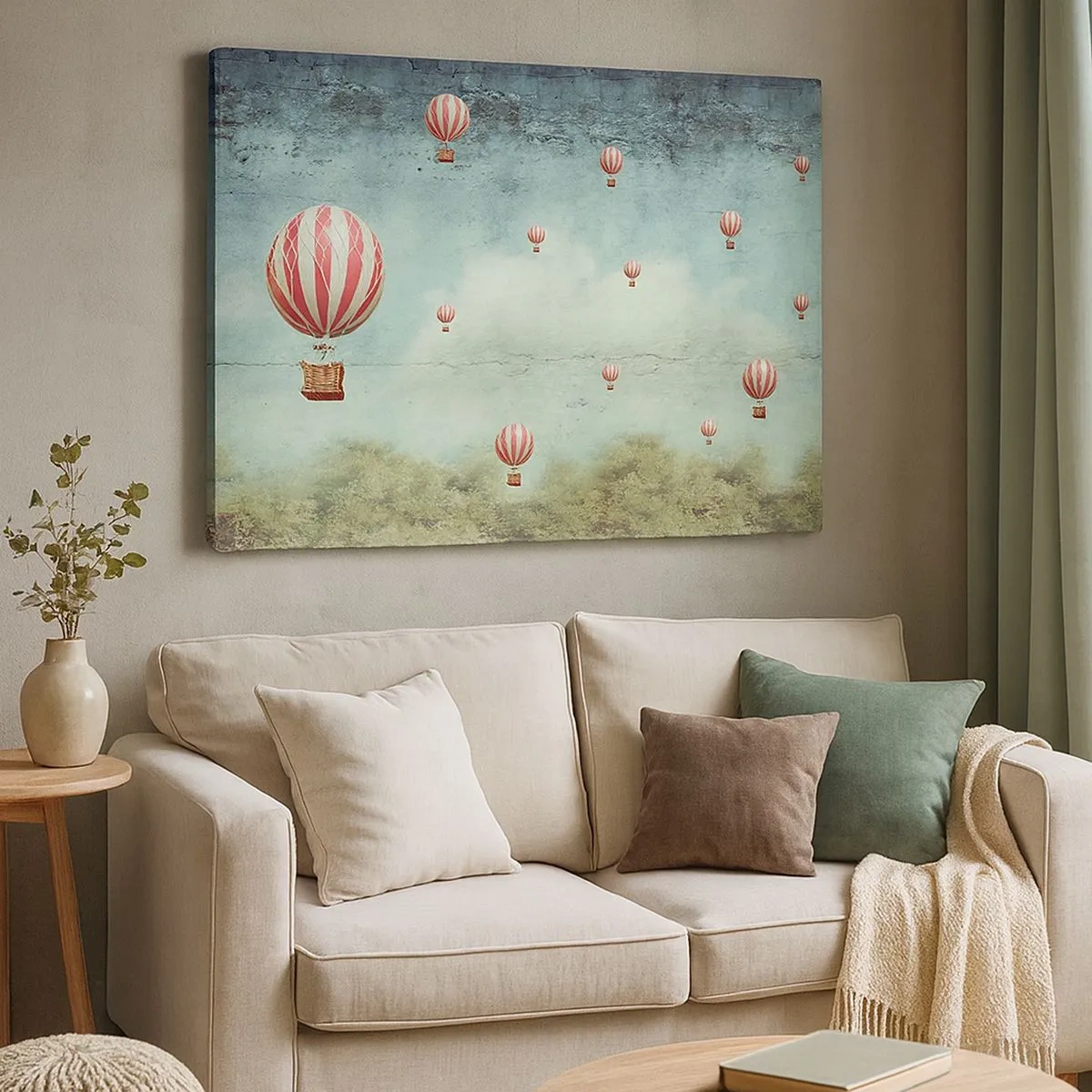 Impression sur toile - Image sur toile - Ballons rétro sur fond de ciel bleu et de verdure - 70x50cm - Libre de l'agitation de la vie - Décoration murale moderne pour le salon et la chambre ARTTOR
