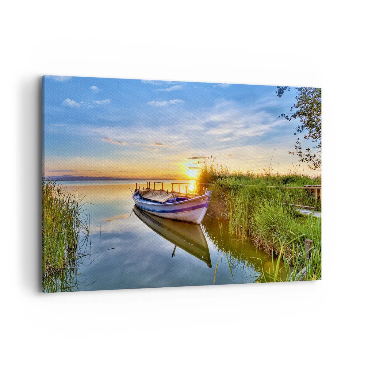 Impression sur toile - Image sur toile - Un bateau dans une baie tranquille au coucher du soleil - 100x70cm - La crique où les rêves deviennent réalité - Décoration murale moderne pour le salon et la chambre ARTTOR