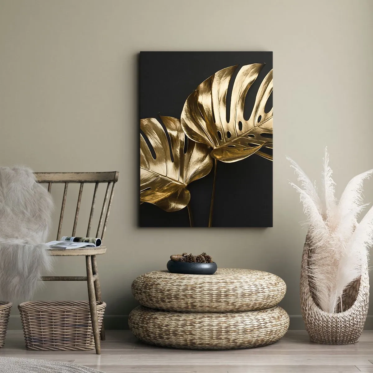 Impression sur toile - Image sur toile - Feuilles de monstera dorées sur fond noir - 50x70cm - Les trésors de la nature - Décoration murale moderne pour le salon et la chambre ARTTOR