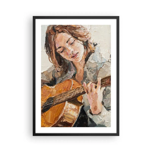 Affiche dans un cadre noir - Poster - Portrait d'une femme jouant de la guitare en style impasto - 50x70cm - Concerto pour guitare et coeur de fille - Décoration murale moderne pour le salon et la chambre ARTTOR