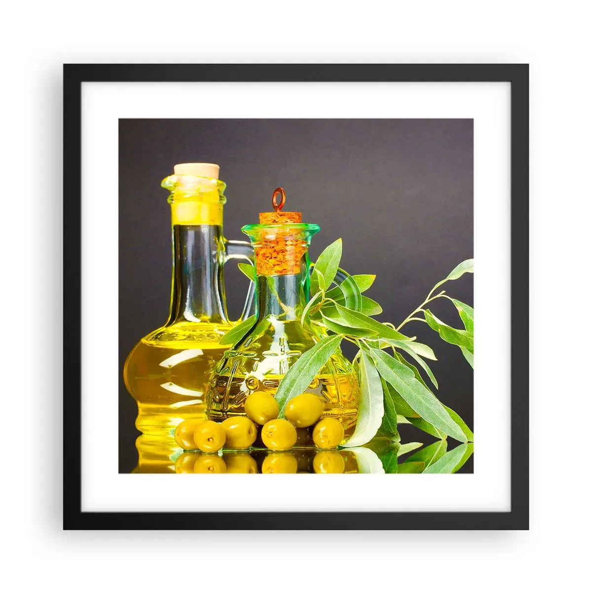 Affiche dans un cadre noir - Poster - Nature morte aux olives et à l'huile d'olive - 40x40 cm