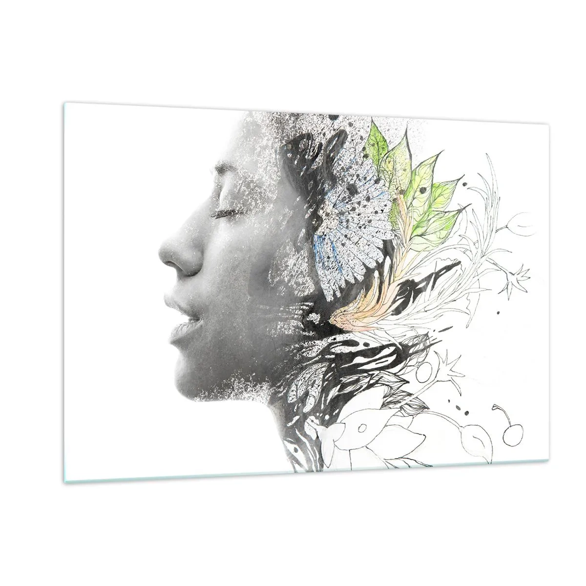 Impression sur verre - Image sur verre - Profil de femme avec des motifs de la nature dans un style monochrome - 120x80cm - Immergé dans la nature - Décoration murale moderne pour le salon et la chambre ARTTOR