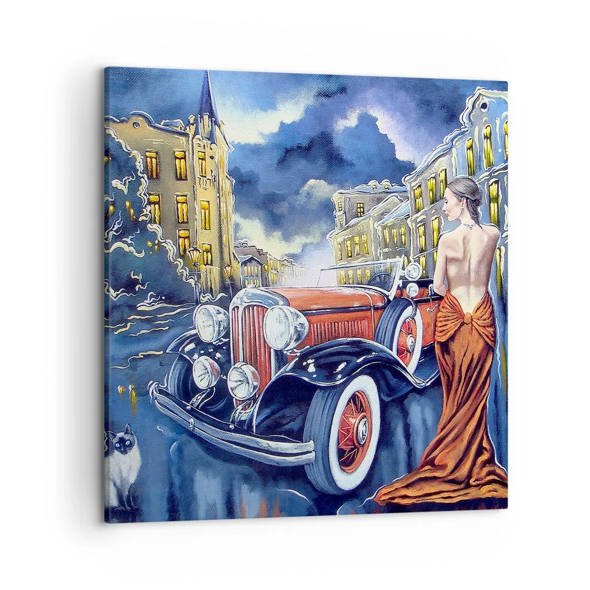 Impression sur toile - Image sur toile - Nocturne en bleu et corail - 50x50 cm