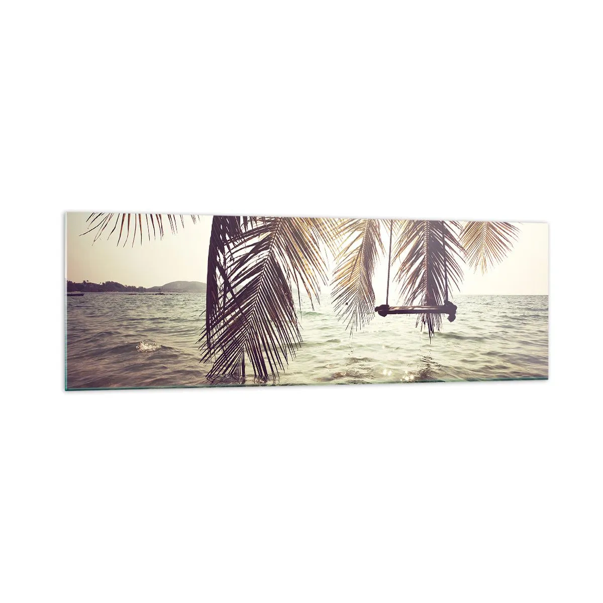 Impression sur verre - Image sur verre - Palmier avec une balançoire au-dessus de l'eau au soleil - 160x50cm - Vous pouvez vous balancer dans les nuages