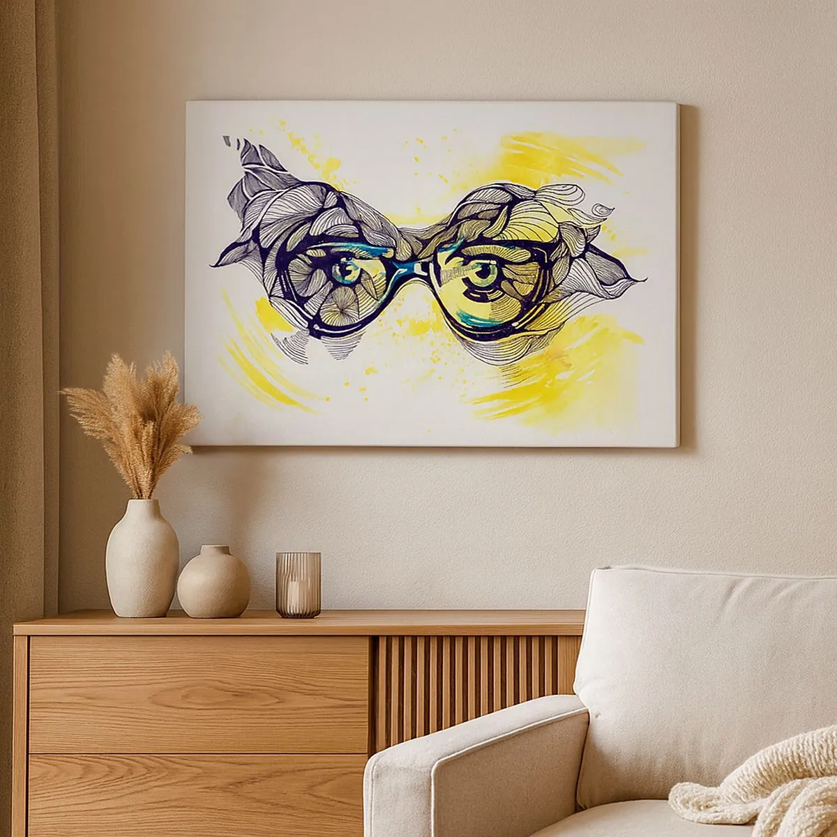 Impression sur toile - Image sur toile - Graphiques artistiques de lunettes aux yeux expressifs - 70x50cm - À travers des lunettes bleues - Décoration murale moderne pour le salon et la chambre ARTTOR