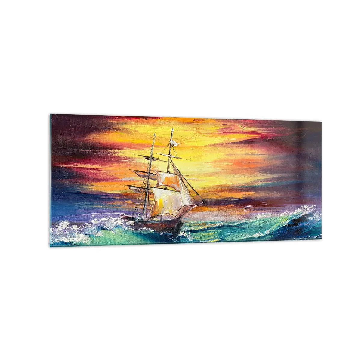 Impression sur verre - Image sur verre - Un voilier sur fond de coucher de soleil coloré - 120x50cm - Courageusement sous les vagues - Décoration murale moderne pour le salon et la chambre ARTTOR
