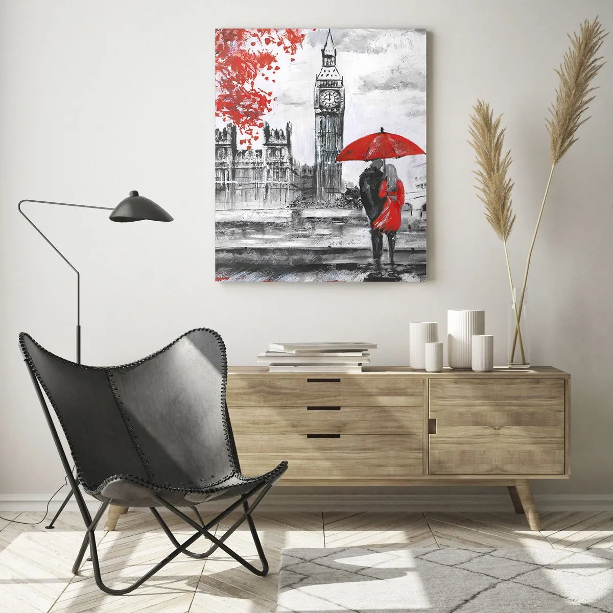 Impression sur verre - Image sur verre - Scène romantique avec Big Ben et un parapluie rouge - 80x120cm - Amoureux de Londres - Décoration murale moderne pour le salon et la chambre ARTTOR
