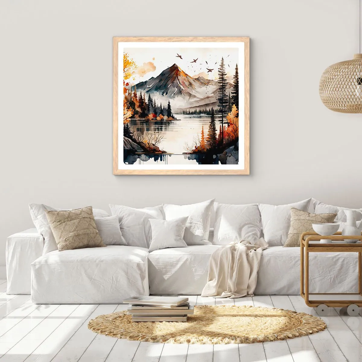 Affiche dans un chêne clair - Poster - Automne doré dans les montagnes - 60x60 cm