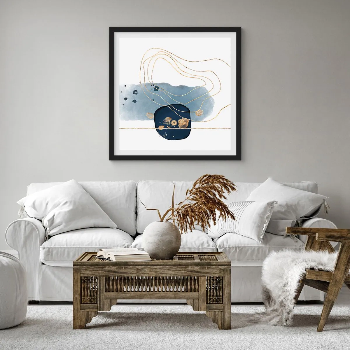 Affiche dans un cadre noir - Poster - Fantaisie bleu et or - 60x60 cm