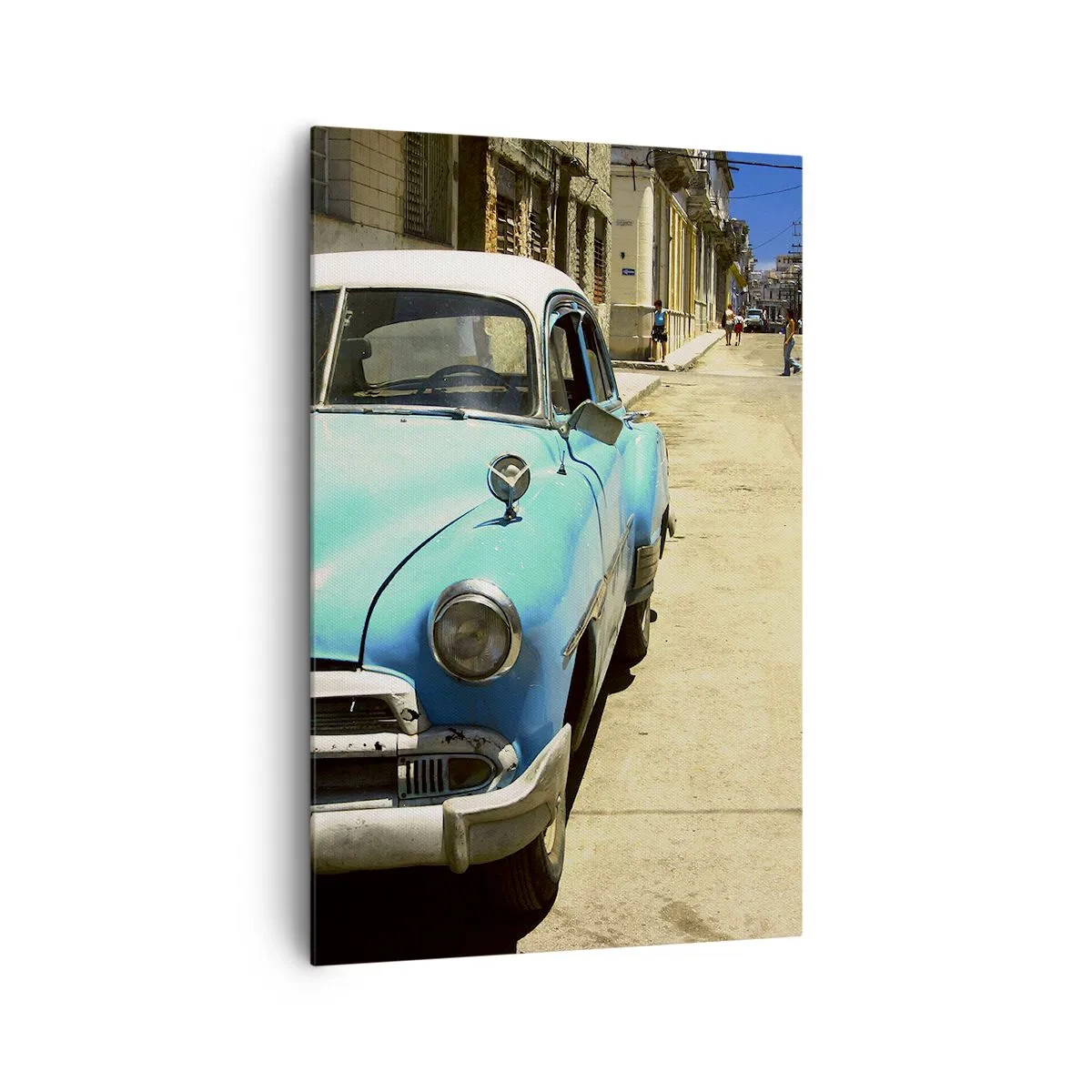 Impression sur toile - Image sur toile - Une voiture classique bleue dans la rue par une journée ensoleillée - 80x120cm - Et vive Cuba ! - Décoration murale moderne pour le salon et la chambre ARTTOR