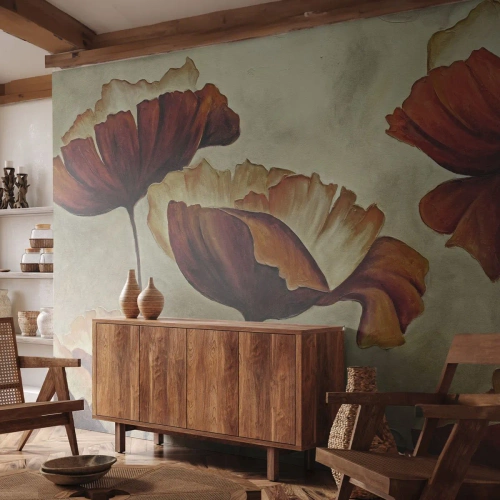 Papier Peint Photo Standard Eco - Fleurs de pavot picturales dans des tons chauds de brun - 100x70cm - À la lisière des champs - Décoration murale moderne pour le salon et la chambre ARTTOR