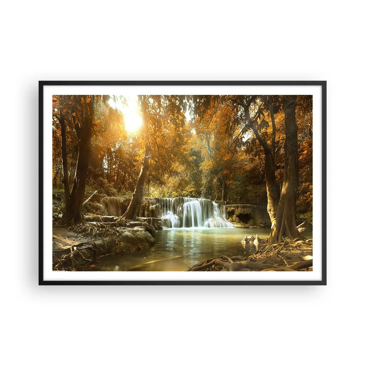 Affiche dans un cadre noir - Poster - Paysage d'automne avec une cascade - 100x70cm - Cascade du parc - Décoration murale moderne pour le salon et la chambre ARTTOR