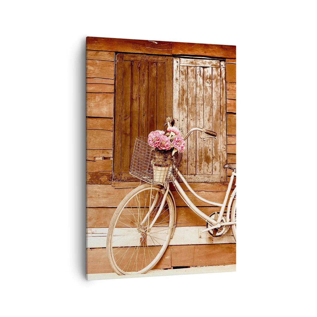 Impression sur toile - Image sur toile - Un vélo avec un panier rempli de roses contre un mur en bois - 70x100cm - Je reviens tout de suite - Décoration murale moderne pour le salon et la chambre ARTTOR