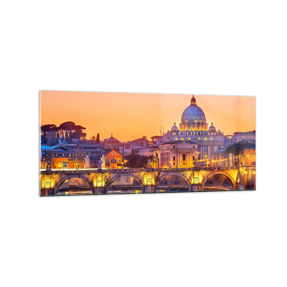 Impression sur verre - Image sur verre - Panorama du Vatican au coucher du soleil avec un pont sur la rivière - 120x50cm - Coucher de soleil sur la ville éternelle - Décoration murale moderne pour le salon et la chambre ARTTOR
