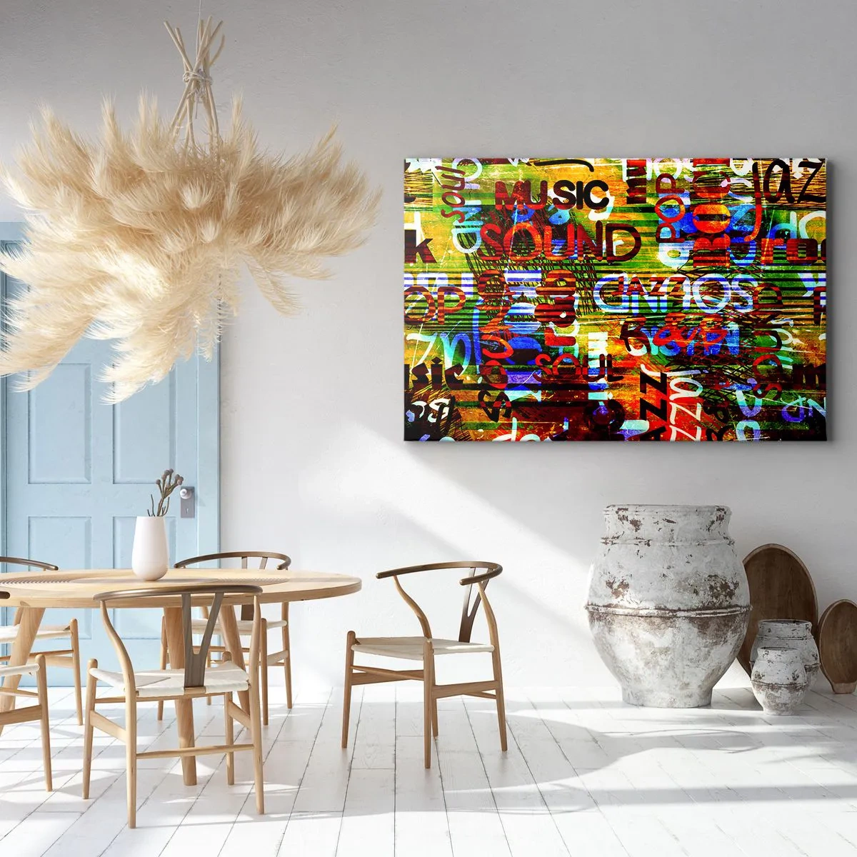 Impression sur toile - Image sur toile - Abstraction colorée avec des inscriptions musicales dans un style pop art - 120x80cm - Toutes les nuances du son - Décoration murale moderne pour le salon et la chambre ARTTOR