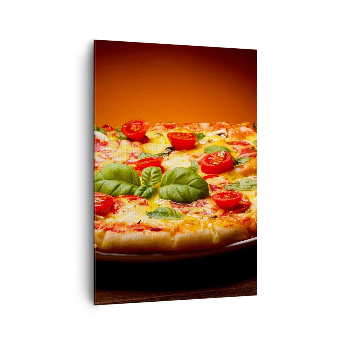 Impression sur toile - Image sur toile - Pizza aux tomates et au basilic sur une table en bois - 70x100cm - Mamma mia! - Décoration murale moderne pour le salon et la chambre ARTTOR
