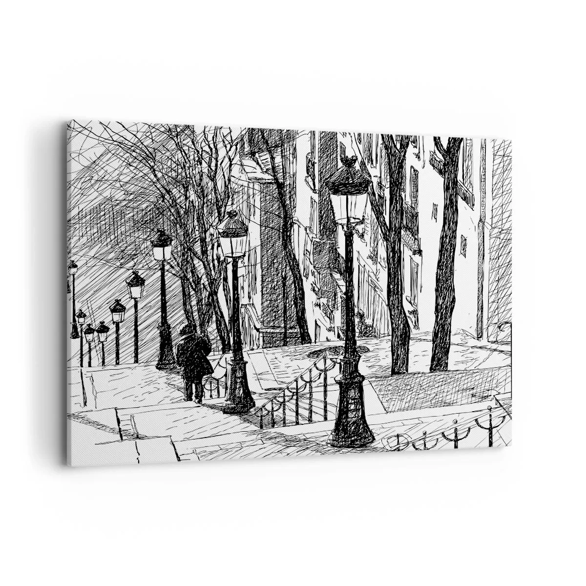 Impression sur toile - Image sur toile - Une rue avec des lampadaires et une silhouette humaine en technique d'esquisse - 120x80cm - Une histoire d'amour ou une histoire d'horreur ? - Décoration murale moderne pour le salon et la chambre ARTTOR