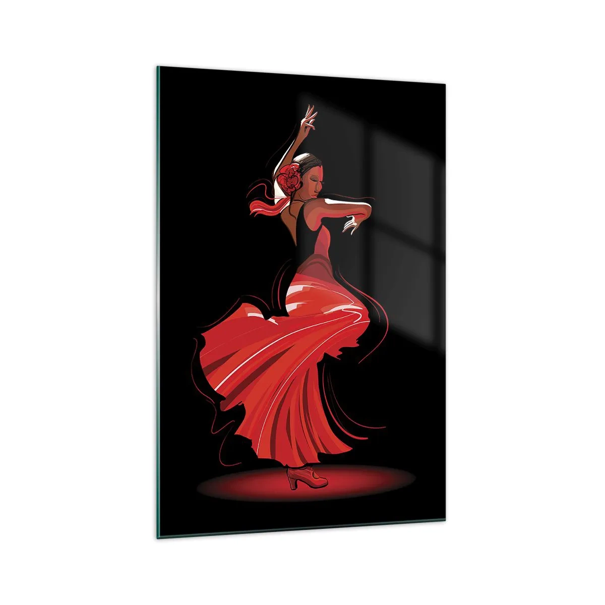 Impression sur verre - Image sur verre - Danseuse de flamenco en robe rouge sur fond noir - 70x100cm - L'esprit fougueux du flamenco - Décoration murale moderne pour le salon et la chambre ARTTOR