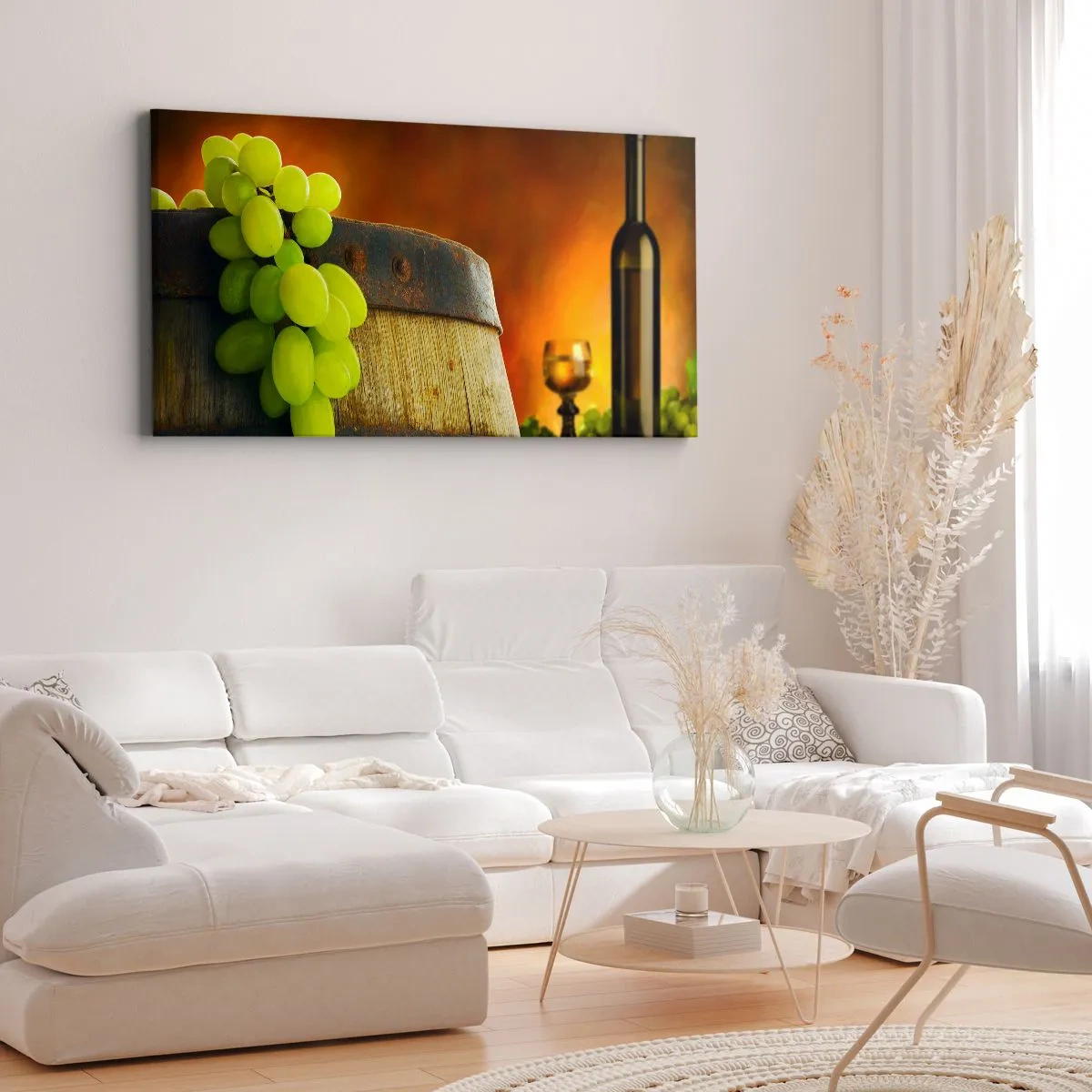Impression sur toile - Image sur toile - Nature morte avec une bouteille de vin et une grappe de raisin - 100x40 cm