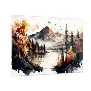 Impression sur verre - Image sur verre - Paysage de montagne d'automne avec un lac et une forêt - 70x50cm - Automne doré dans les montagnes - Décoration murale moderne pour le salon et la chambre ARTTOR