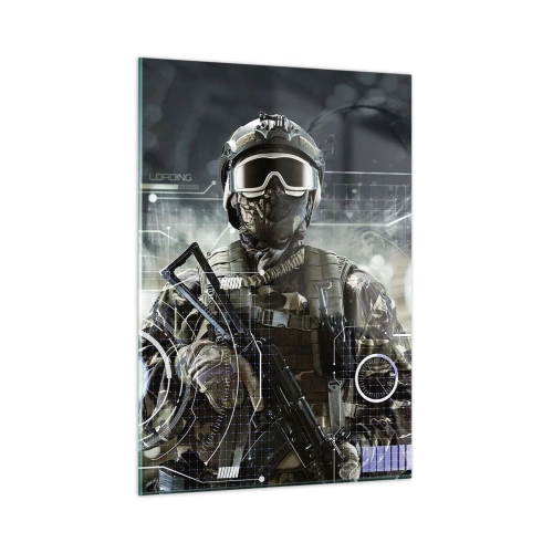 Impression sur verre - Image sur verre - Un soldat en équipement tactique sur fond d'interface futuriste. - 50x70cm - Puissance sans limite - Décoration murale moderne pour le salon et la chambre ARTTOR