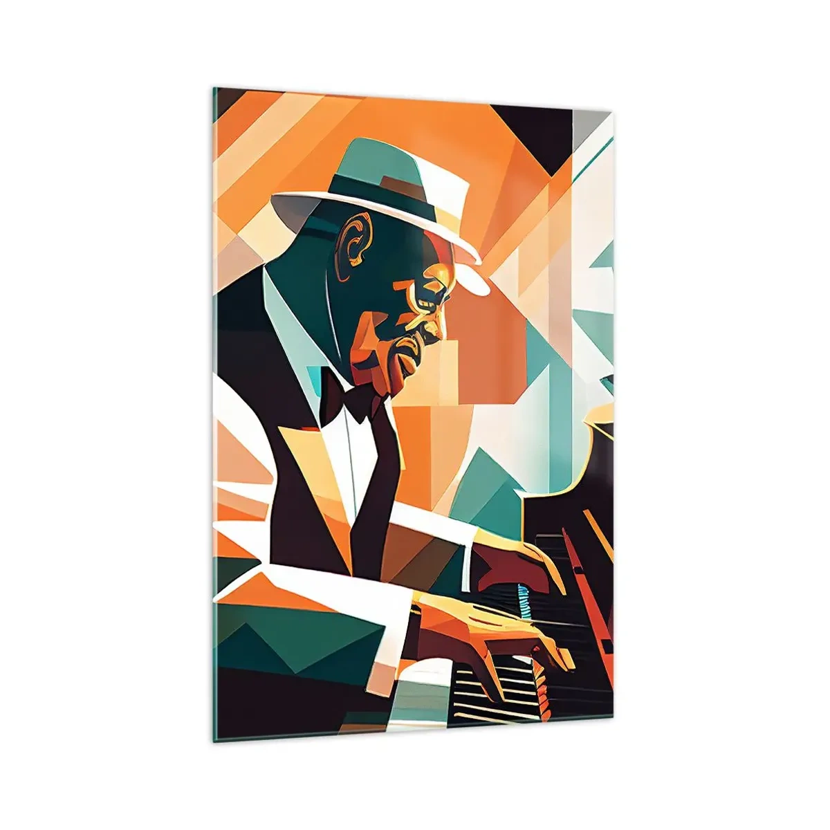 Impression sur verre - Image sur verre - Musicien abstrait jouant du piano dans des couleurs chaudes. - 70x100cm - C’est tout le jazz - Décoration murale moderne pour le salon et la chambre ARTTOR