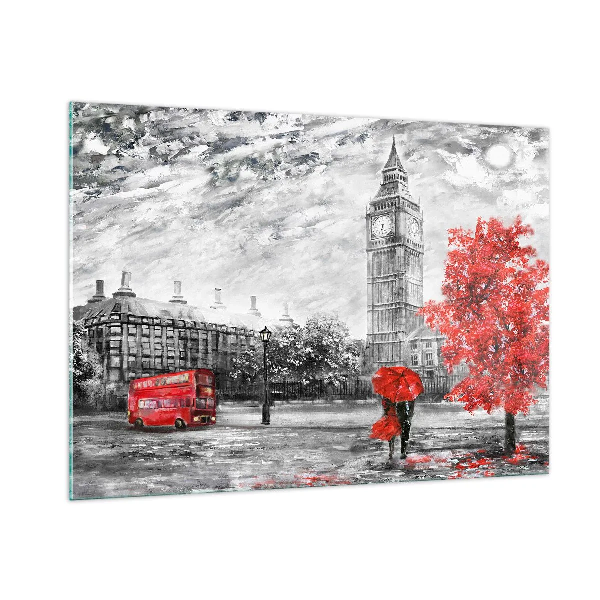Impression sur verre - Image sur verre - Big Ben avec un bus rouge et un parapluie sur fond d'arbres d'automne - 100x70cm - Une journée passionnante - Décoration murale moderne pour le salon et la chambre ARTTOR