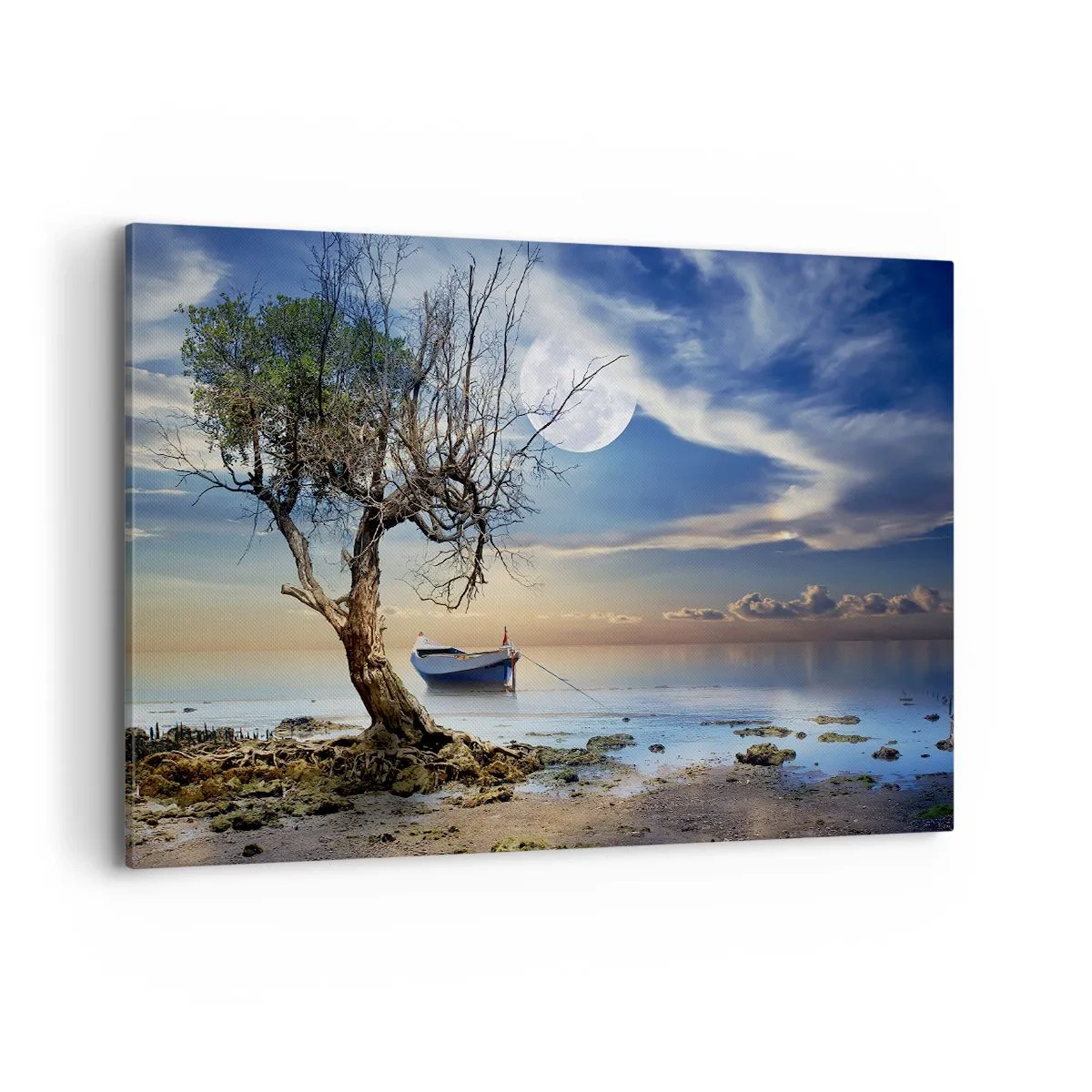 Impression sur toile - Image sur toile - Un arbre solitaire et un bateau sur une eau calme sous la pleine lune. - 120x80cm - Est-ce la fin ou le début ? - Décoration murale moderne pour le salon et la chambre ARTTOR