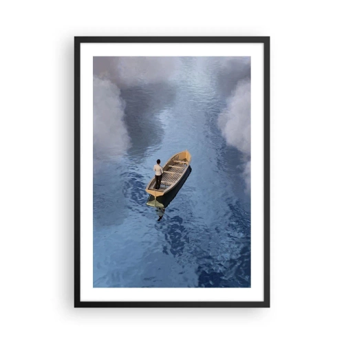 Affiche dans un cadre noir - Poster - Une personne dans un bateau flottant sur l'eau reflétant le ciel et les nuages. - 50x70cm - Vie – voyage – inconnu - Décoration murale moderne pour le salon et la chambre ARTTOR