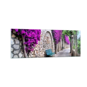 Impression sur verre - Image sur verre - Un chemin de pierre avec un banc et des fleurs violettes en fleurs - 140x50cm - Rencontrons-nous au plus vite - Décoration murale moderne pour le salon et la chambre ARTTOR