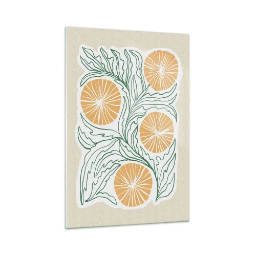 Impression sur verre - Image sur verre - Un motif orange minimaliste avec des feuilles vertes - 70x100cm - Ethnique avec une pointe d'abstraction - Décoration murale moderne pour le salon et la chambre ARTTOR