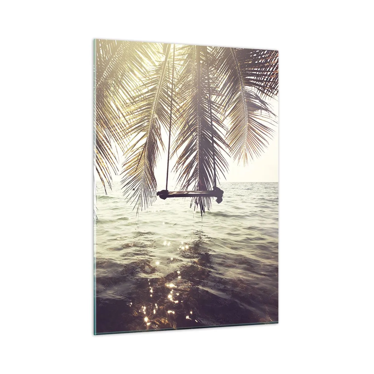 Impression sur verre - Image sur verre - Une plage avec des palmiers et une balançoire sur une mer calme - 50x70cm - Vous pouvez vous balancer dans les nuages