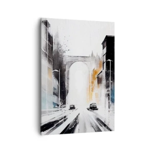 Impression sur toile - Image sur toile - Panorama abstrait de la ville avec un pont en arc - 50x70cm - Étude de ville : architecture et mouvement - Décoration murale moderne pour le salon et la chambre ARTTOR