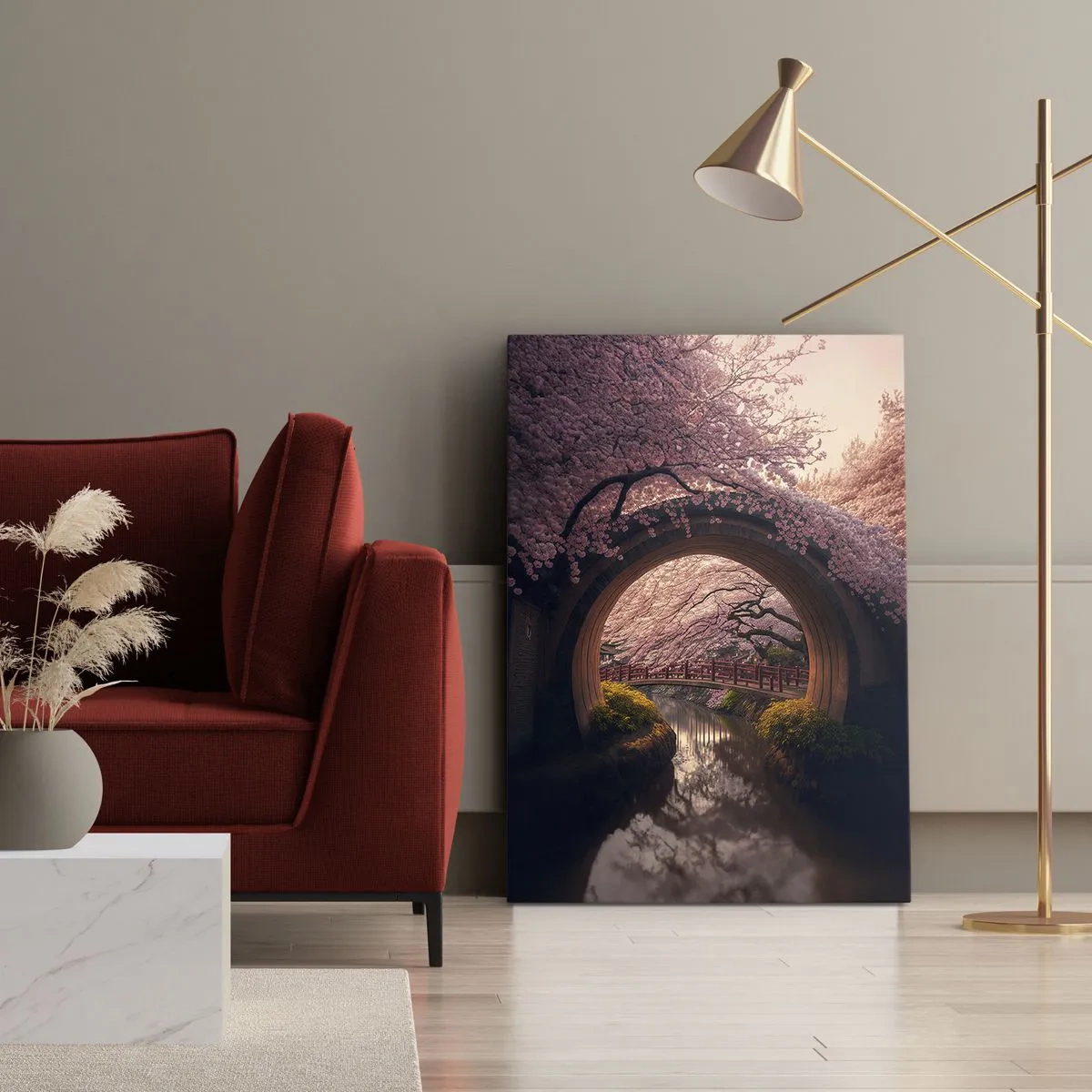 Impression sur toile - Image sur toile - Un pont japonais traditionnel entouré de fleurs de cerisier - 70x100cm - Printemps japonais - Décoration murale moderne pour le salon et la chambre ARTTOR