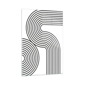 Impression sur verre - Image sur verre - Une peinture abstraite avec des lignes noires créant des motifs géométriques sur un fond blanc. - 70x100cm - En plein virage - Décoration murale moderne pour le salon et la chambre ARTTOR