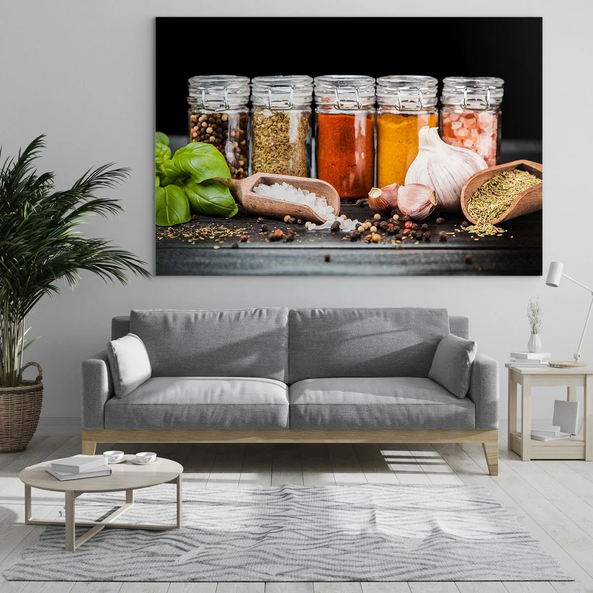 Impression sur verre - Image sur verre - Épices colorées dans des pots sur fond sombre - 70x50cm - Pour que la vie ait du goût - Décoration murale moderne pour le salon et la chambre ARTTOR