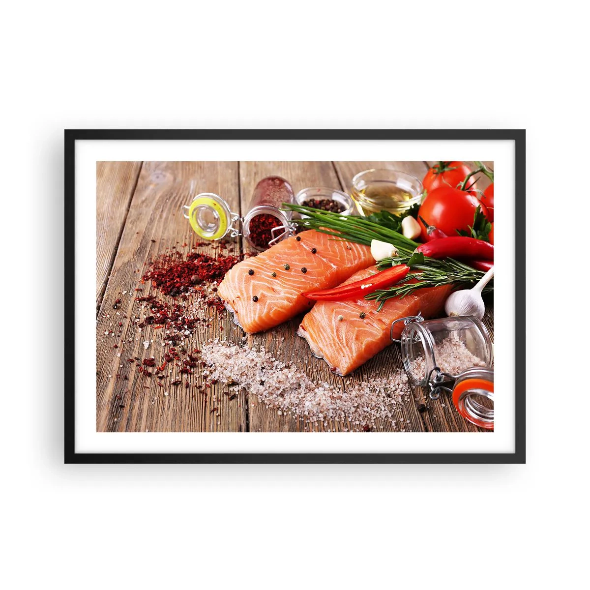Affiche dans un cadre noir - Poster - Filets de saumon aux épices sur fond de bois - 70x50cm - Aventure norvégienne dans la cuisine - Décoration murale moderne pour le salon et la chambre ARTTOR