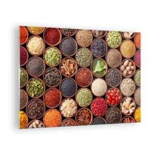 Impression sur verre - Image sur verre - Une composition de diverses épices dans des bols en bois - 70x50cm - Toutes les saveurs du monde - Décoration murale moderne pour le salon et la chambre ARTTOR