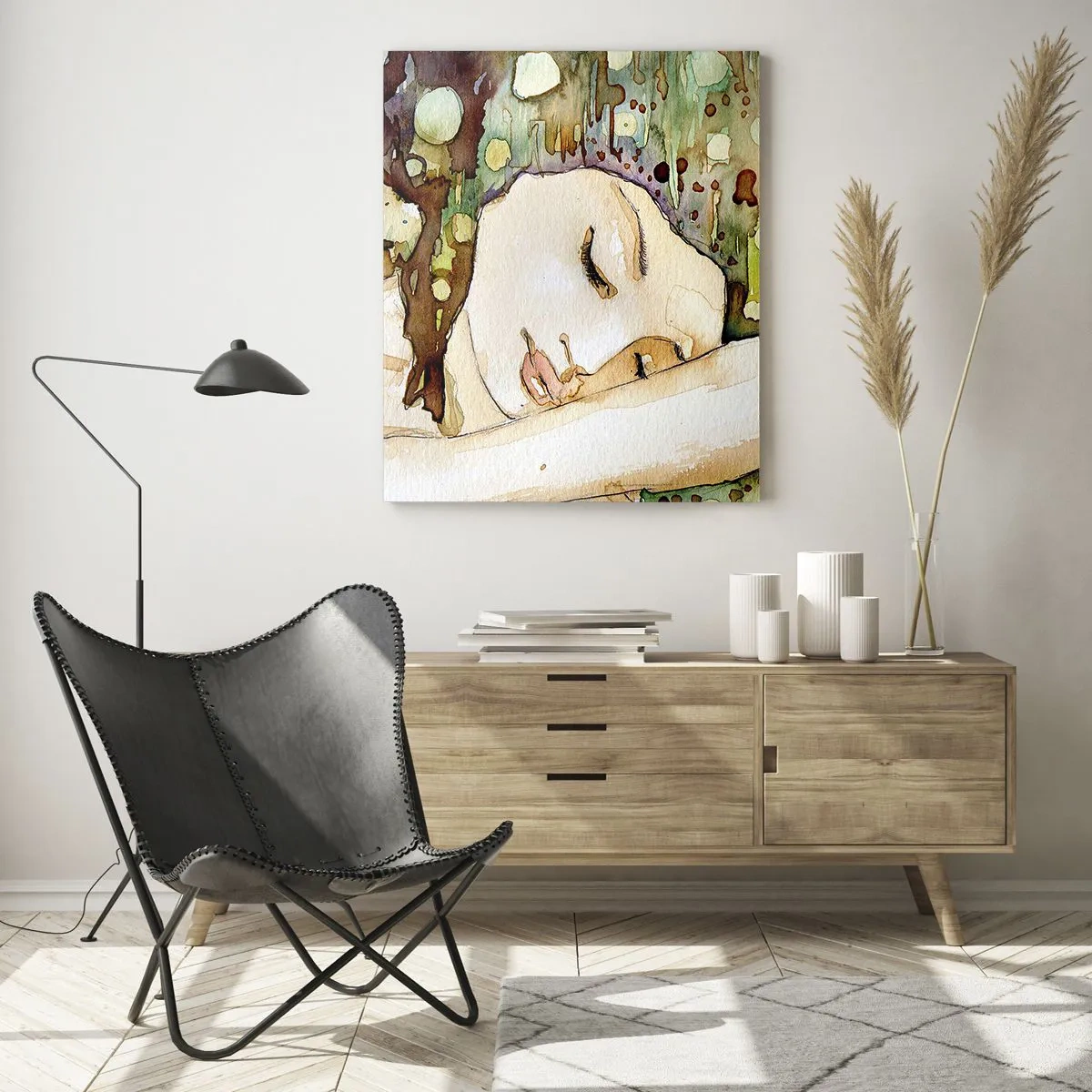 Impression sur verre - Image sur verre - Une femme rêvant entourée de formes et de couleurs abstraites. - 80x120cm - Un rêve violet émeraude - Décoration murale moderne pour le salon et la chambre ARTTOR