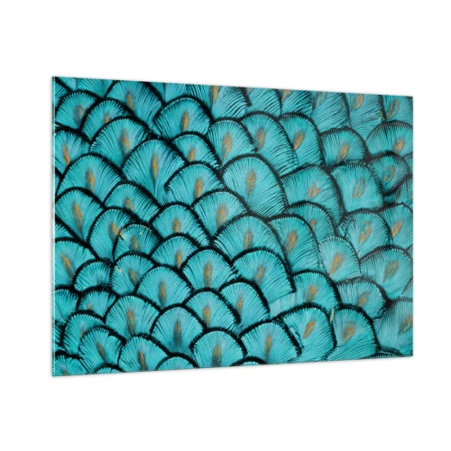 Impression sur verre - Image sur verre - Gros plan de plumes de paon turquoise formant un motif décoratif. - 100x70cm - Le grand gala des plumes - Décoration murale moderne pour le salon et la chambre ARTTOR