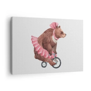 Impression sur toile - Image sur toile - Un ours en peluche dans une jupe rose sur un vélo de style rétro - 70x50cm - Quel cirque ! - Décoration murale moderne pour le salon et la chambre ARTTOR