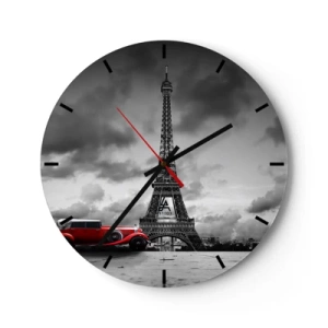 Horloge murale - Pendule murale - La Tour Eiffel avec une voiture rétro rouge - 30x30cm - Il n'y a pas si longtemps à Paris - Décoration murale moderne pour le salon, la cuisine et la chambre ARTTOR