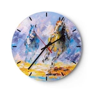 Horloge murale - Pendule murale - Deux chevaux dans une course dynamique sur fond coloré - 30x30cm - À travers l'éblouissement du galop - Décoration murale moderne pour le salon, la cuisine et la chambre ARTTOR