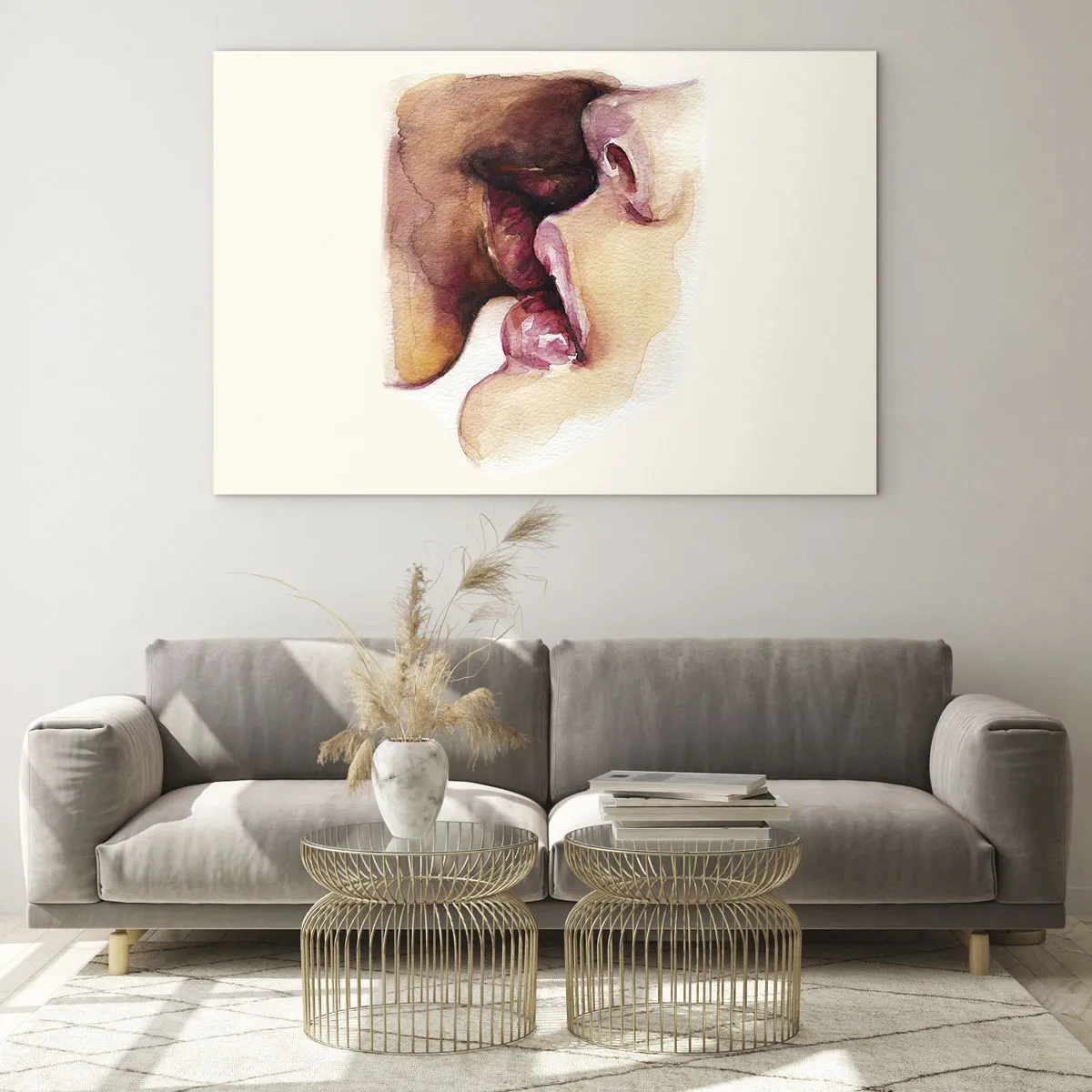 Impression sur verre - Image sur verre - Aquarelle artistique représentant un baiser de deux visages sur fond clair - 120x80cm - Comme le jour et la nuit, la terre et le ciel - Décoration murale moderne pour le salon et la chambre ARTTOR