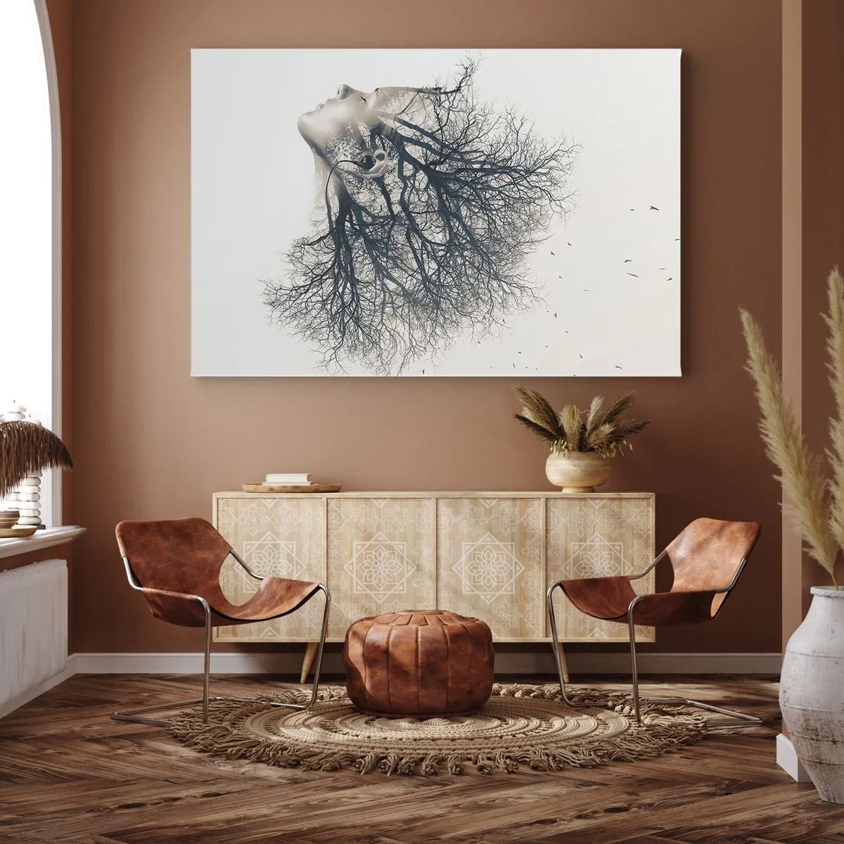 Impression sur toile - Image sur toile - Silhouette créative d'une femme et d'arbres - 70x50cm - Écouter le murmure des arbres - Décoration murale moderne pour le salon et la chambre ARTTOR
