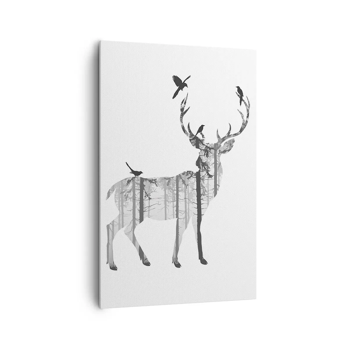 Impression sur toile - Image sur toile - Silhouette d'un cerf avec forêt et oiseaux - 80x120cm - La bonne âme de la forêt - Décoration murale moderne pour le salon et la chambre ARTTOR