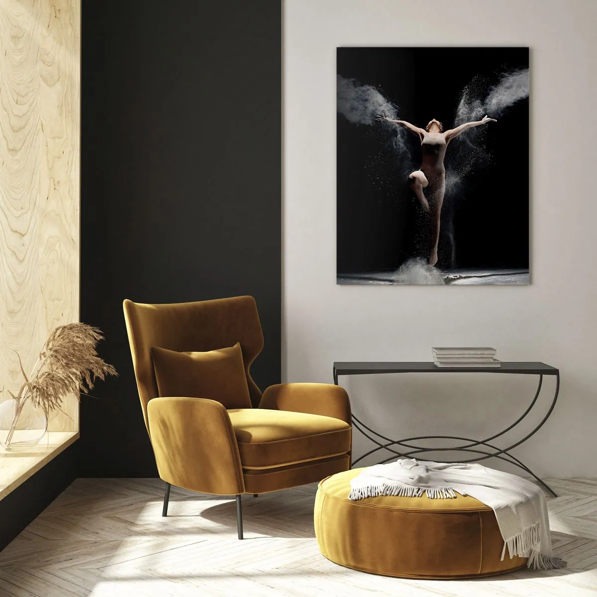 Impression sur verre - Image sur verre - Une danseuse dans des nuages de poudre sur fond noir - 50x70cm - Les elfes existent - Décoration murale moderne pour le salon et la chambre ARTTOR