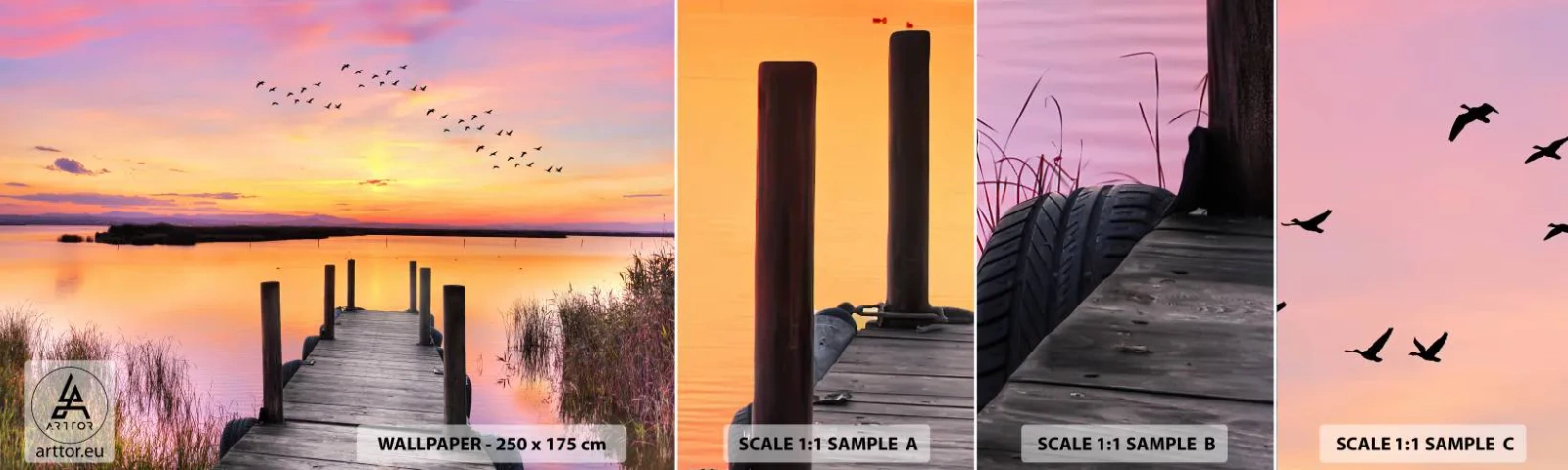 Échantillon de Papier Peint Autocollant Deluxe Sticker - Aube silencieuse violette - Paysage, Lac, Nature - 100x30 cm